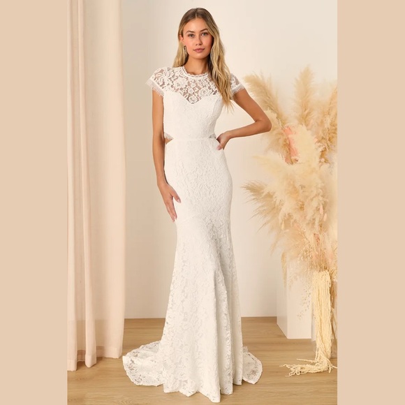 Lulu’s Devoted to Bliss White Lace Cap Sleeve Cutout Trumpet Maxi Dress - Picture 2 of 11